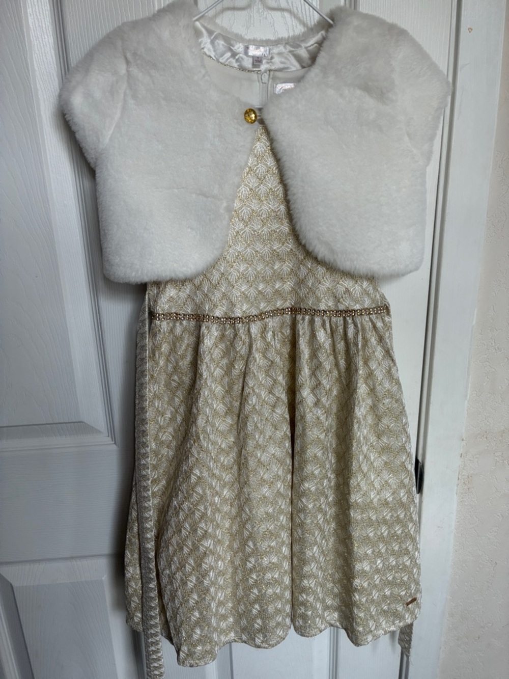 Tahari Girls Ivory & Gold Dress Set with Faux Fur Bolero